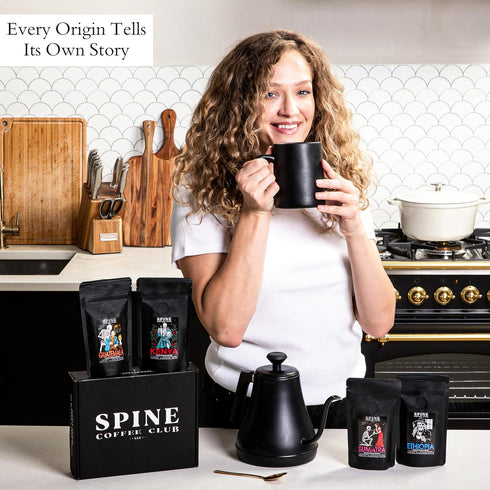 4-Pack Set Spine Coffee Club LLC Gourmet Coffee Sampler Gift Box with Ethiopia, Sumatra, Guatemala, Kenya Single Origin