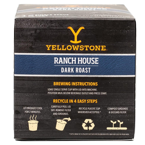 100% 36 Count Yellowstone Ranch House Dark Roast Coffee, Single Serve Recyclable Pods/Cups, Arabica Beans