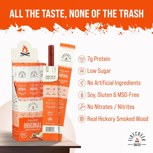 FireCreek Snacks 20 Pack (1 oz), 7g 1g Beef Sticks by , Hickory Smoked Meat Sticks (Jerky Sticks), Original, Protein