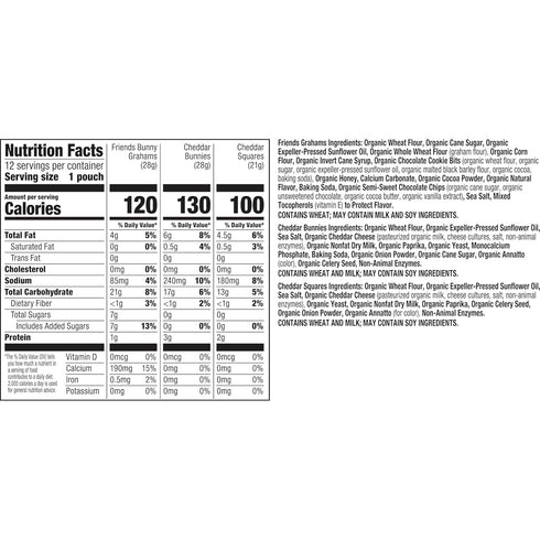 Pack, 12 11 oz Annie's Organic Variety Cheddar Bunnies, Bunny Grahams and Cheddar Squares, Pouches