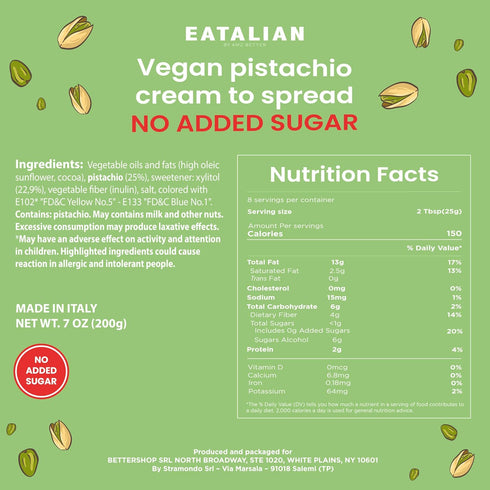 7 oz/ 200g, EATALIAN by AMZ BETTER Vegan Pistachio Cream Sugar Free, Delicious sugar free vegan spread, ideal on bread