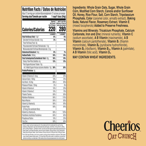 24 oz Cheerios Oat Crunch Oats 'N Honey Breakfast Cereal, Made with Whole Grain, Family Size