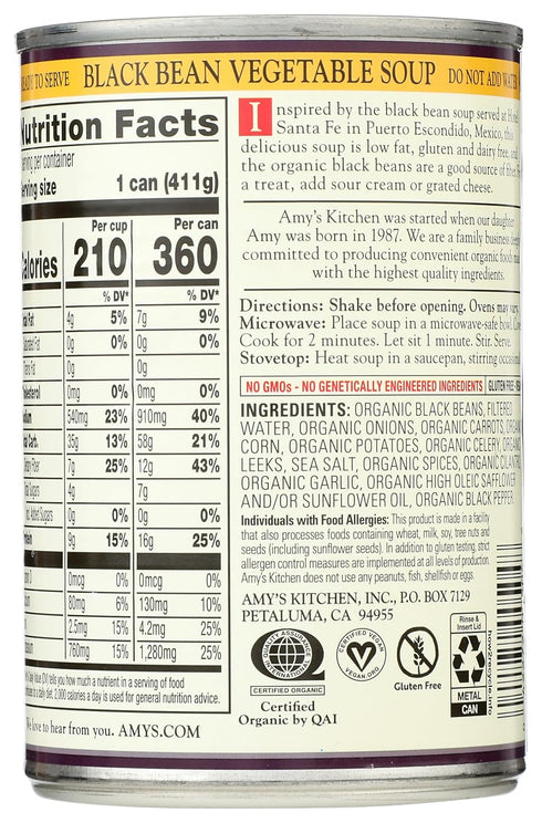 14.5 Amy's Organic Black Bean Vegetable Soup, Ounce