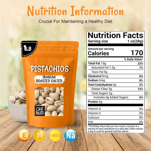 1 lb Packed Oh! Nuts Pistachios Iranian Style - Roasted Lightly Salted - - Shelled Whole Nuts - in New York Zip-Seal