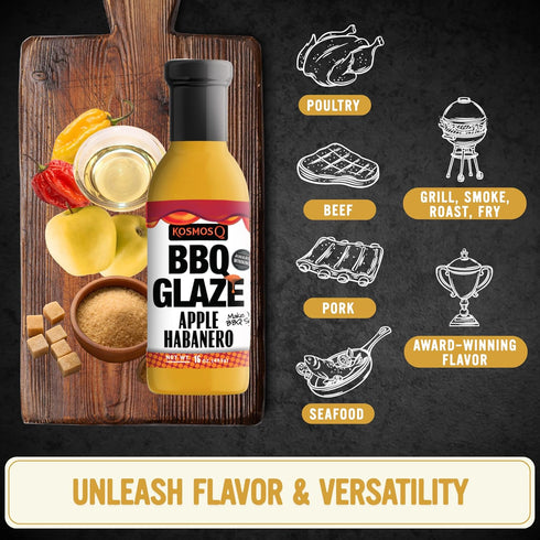 16 Oz Kosmos Q Apple Habanero BBQ Glaze, Sweet and Spicy Glaze for Ribs, Pork, Chicken, or Brisket, Bold Apple Sauce