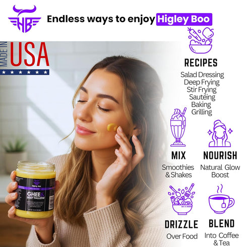 Higley Boo 100% 16oz Premium Ghee & Beef Tallow for Cooking Animal-Based Cooking Oil | Keto, Carnivore & Paleo Friendly