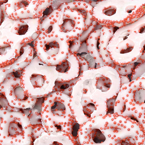 1 Lb Valentine's Day Strawberry Yogurt Covered Pretzels with Red Nonpareils, Pink, Jar