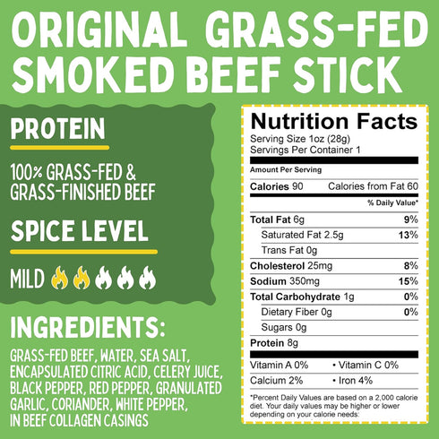 100% 1-oz, 24 Count) Original, Sogo Snacks, No Sugar, Grass-fed & Grass-finished, Non-GMO Beef Sticks. No Added