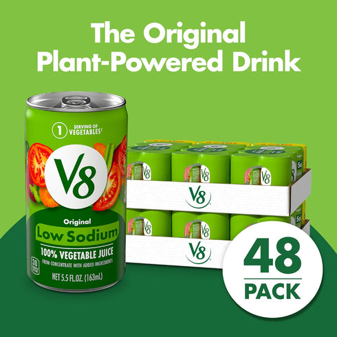 V8 100% 5.5 Oz 8 Count (Pack 6) Low Sodium Original Vegetable Juice, Vegetable Blend with Tomato Juice, Fl