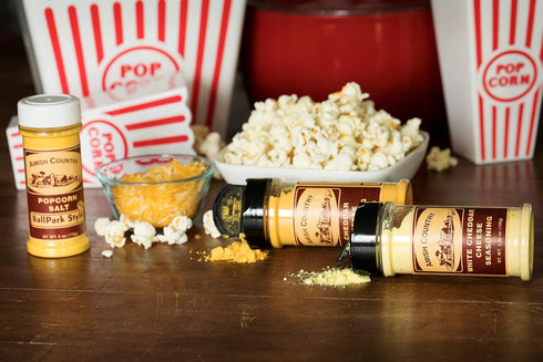Country 5.5 oz, 4.7 oz 3.8 oz Amish Popcorn | BallPark Style Buttersalt - Cheddar Cheese - & White Cheddar Cheese