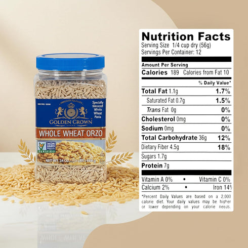 100% 32oz (2 lb) Golden Whole Wheat Orzo Pasta - Non GMO & Vegan - All Natural Rice-shaped Pasta in Bronze Cut - Made