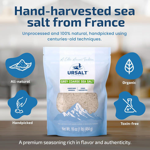 (1lb) 82+ 100% URSALT Grey Coarse French Sea Salt Hand-Harvested Sel Gris from France Mineral-Rich, Natural