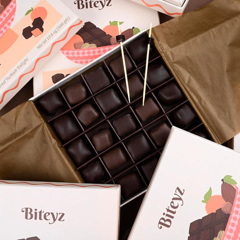 25 Biteyz Choco Turkish Delight, Vegan Candy Gift Box - Chocolate-Covered Assorted Treats with Orange, Pistachio