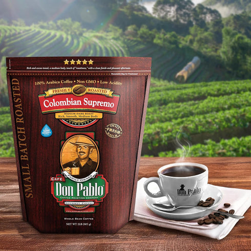 Don Pablo Colombian Supremo Whole Bean Coffee - Medium-Dark Roast with Low Acidity