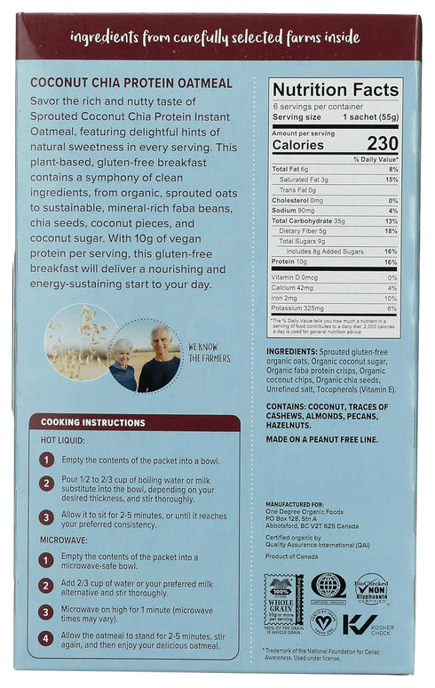 11.6oz One Degree Organic Foods Gluten Free Sprouted Coconut Chia Protein Instant Oatmeal