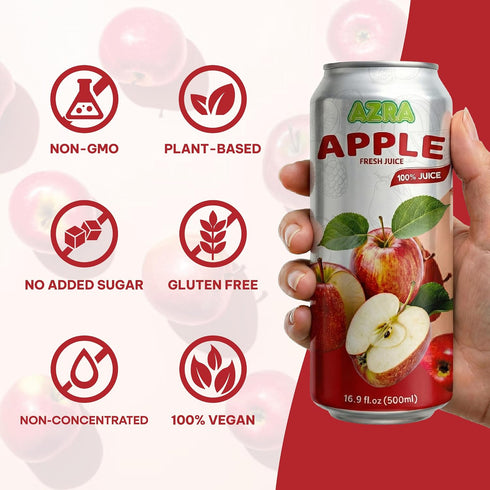 Azra Juice 100% 500ml Pack 100% 12 Pack AZRA Apple Juice Fresh Organic Fruit Taste in Cans Zero Sugar Drinks, Healthy