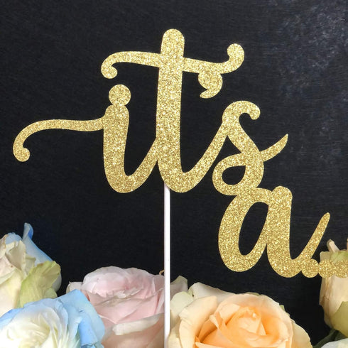 ALISSAR Glitter Double Sided Gold Gender Reveal Cake Topper, Baby Reveal Party Decorations