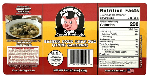 Generic 8 oz (0.5 lb) Salted Pork Leaf Fat, (Unto), Used As Flavoring For Galician Soup Recipe. Unto Gallego Para