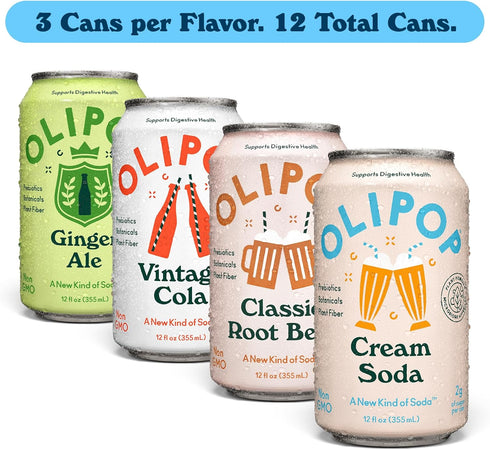 Pack Packed 12oz (12-Cans) OLIPOP Prebiotic Soda Pop, Classic Soda Variety, Pantry with Prebiotics, Fiber