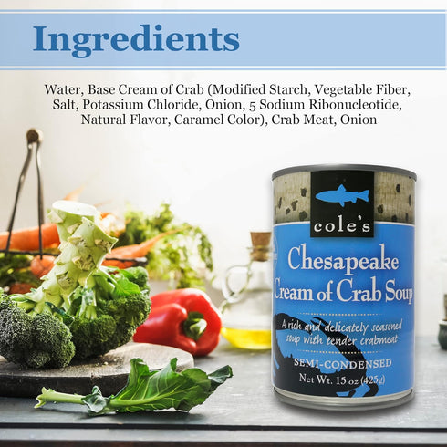 Pack 6 15 oz Coles - of Chesapeake Cream of Crab Soup - Premium Canned Fresh Crab Meat & Nutritious Semi Condensed