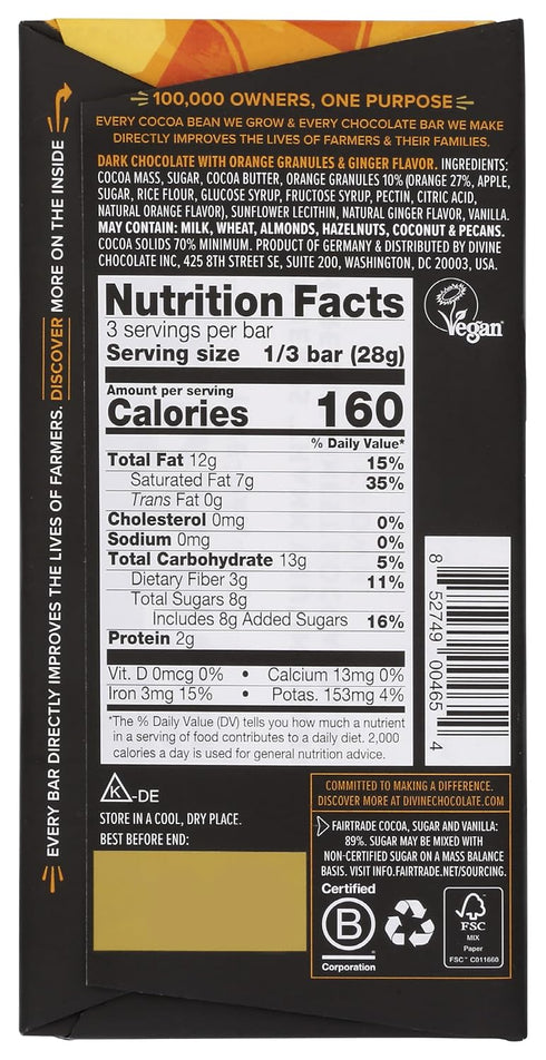 70% 3oz. (12 Pack) Divine Chocolate Bars - Dark Chocolate with Ginger & Orange - Made with Fairtrade Cocoa, Natural