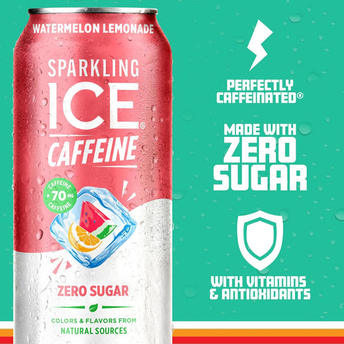 Vitamins,16 oz (Pack 12) Sparkling Ice Caffeine Watermelon Lemonade Sparkling Water with Caffeine, Zero Sugar
