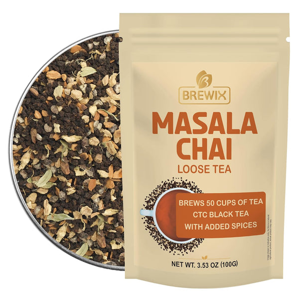 BREWIX Masala Chai Tea Loose Leaf CTC, Strong Robust & Aromatic, Blended with Ginger, Cinnamon, Cardamom