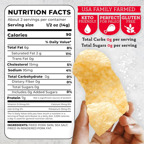 4505 1.1oz (Pack 12) Sea Salt Seasoned Chicharrones, Fried Pork Rinds - Sea Salt Flavored Pork Skins - Low Carb