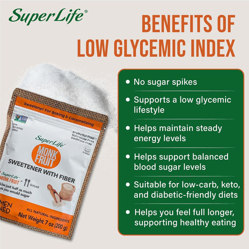 STEVIA SUPER LIFE 7oz 200g Super Life Monk Fruit Sweetener with Fiber Low-Glycemic Index, Diabetic-Safe