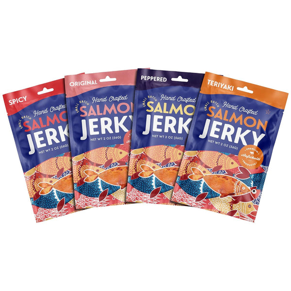 Premium Aufschnitt Products Aufschnitt Kosher Salmon Jerky Variety Pack Spicy, Original, Peppered, Teriyaki Gluten Free