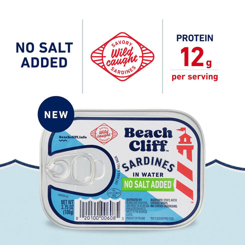 3.75 Beach Cliff Wild Caught Canned Sardines in Water, No Salt Added High Protein, Keto Friendly, Gluten Free Ideal Can