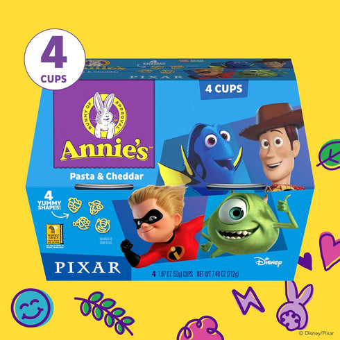 4 7.48 oz Annie's Disney Pixar Macaroni and Cheese, Microwavable Pasta and Cheddar, Cups