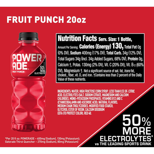20 Oz 8 Pack Powerade Fruit Punch, Electrolyte Enhanced Sports Drink, Fl Bottles