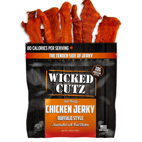 27g (2 Wicked Cutz Buffalo Chicken Jerky, Protein Per Bag, Tender & Easy to Chew Alternative to Chicken Sticks, USA