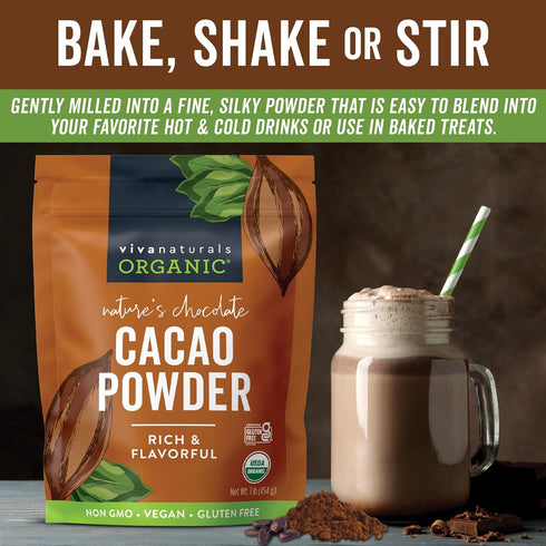 Viva Naturals Organic Cacao Powder, 1lb, Unsweetened Cacao Powder for Baking & Smoothies