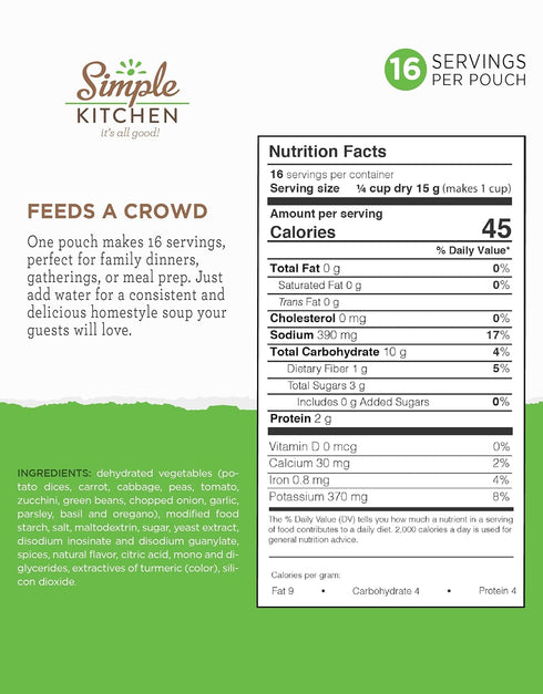 17 Backpacking Pack 4 Simple Kitchen Garden Vegetable Soup Mix - Servings for Meal Prep, Gluten Free, Vegetarian
