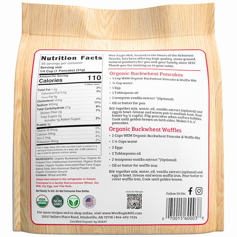 22 oz (2 Pack) War Eagle Mill Organic Buckwheat Pancake & Waffle Mix, Bag