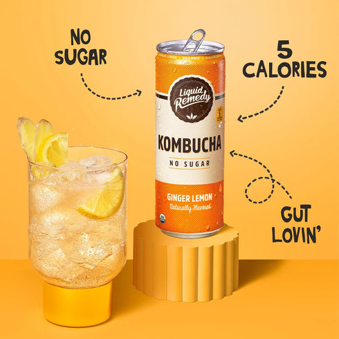 12 Oz 4-Pack Liquid Remedy Kombucha Sugar Free Organic Drink, Low Calorie, Probiotic Like Tea for Gut Health - Ginger