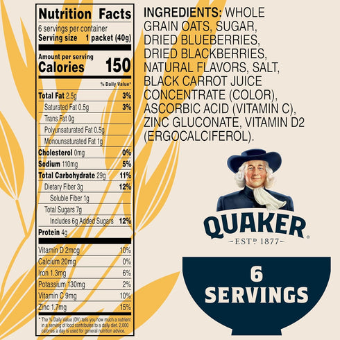 Immunity 1.41 oz Packets, (6 Pack) Quaker Instant Oatmeal, Blueberry Blackberry, Good Source of Vitamins C, D, & Zinc