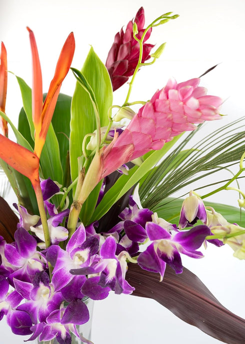 Generic Fresh Orchids and Tropical Flower Bouquet, Purple Orchids, Red Ginger, Heliconia, Mixed Foliage, Hawaiian