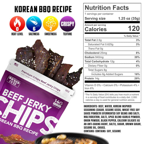 14g (2 Wicked Cutz Korean BBQ Beef Jerky Chips, Protein per Bag, Crispy & Crunchy Beef Jerky Crisps, USA Made Barbeque