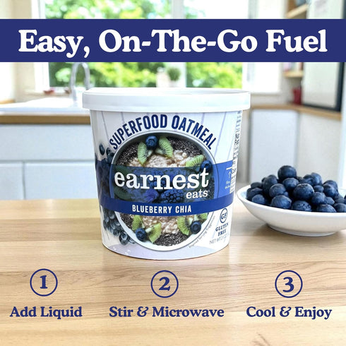 6g 2.1 (6 Pack) Earnest Eats Superfood Oatmeal Cups - Blueberry Chia Plant Protein, Gluten Free, Vegan, On-the-Go