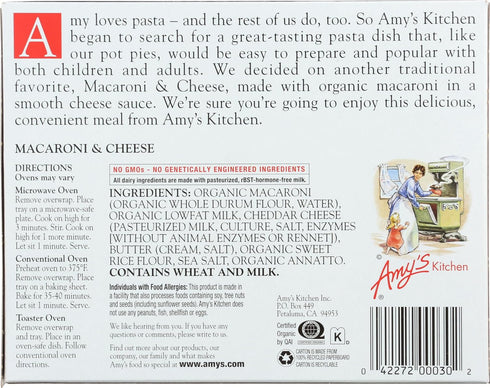 Frozen 9.0 oz Amy's Meals, Mac and Cheese Made with Organic Pasta and Cheddar Cheese