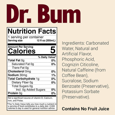12 oz, 12-Pack BUM Sugar-Free Energy Drink, Dr BUM - Lightly Carbonated & No Artificial Colors, Natural Caffeine
