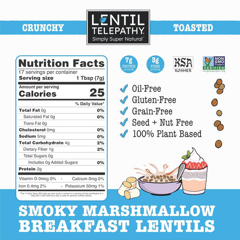 4 oz Lentil Telepathy Smoky Marshmallow Breakfast Lentils, Crunchy High Protein Cereal & Granola Alternative, Plant