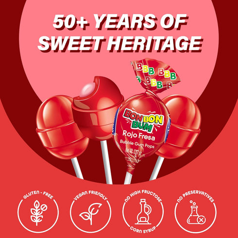 24 Count Colombina Bon Bon Bum Strawberry Lollipops Fruit Hard Candy, Individually Wrapped Sweet Strawberry Pops