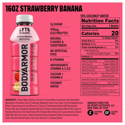 Potassium-Packed 16 Oz (Pack 12) BODYARMOR LYTE Sports Drink Low-Calorie Sports Beverage, Strawberry Banana, Coconut
