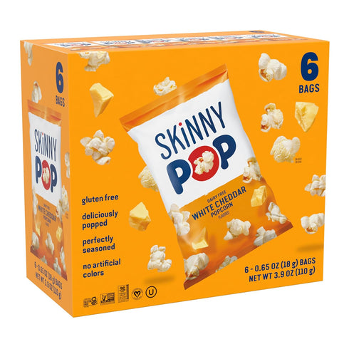 SkinnyPop Popcorn, Dairy Free White Cheddar, 0.65oz Snack Size Bags (6ct)