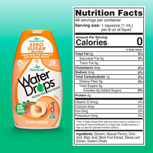 1.62 Oz (Pack 6) SweetLeaf Water Drops, Peach Mango Sugar-Free Water Enhancer Drops, Stevia & Monk Fruit Sweetener