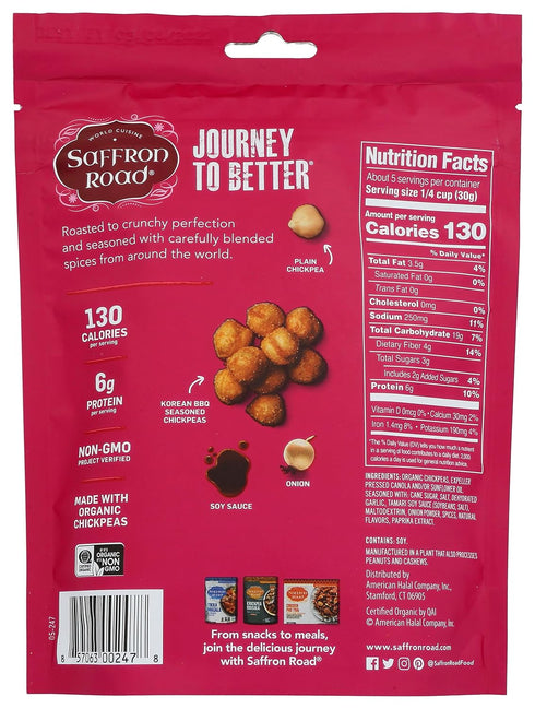 Saffron Road Korean BBQ Crunchy Chickpea Snack, 6oz, Gluten Free, Non-GMO, Halal, Kosher, Vegan
